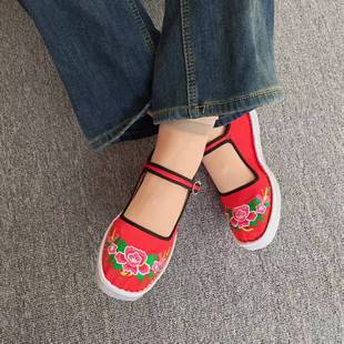 四季绣花女鞋一带方口布鞋白塑料鞋底平跟低帮单鞋美观舒适不臭脚