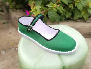 春秋塑料底女士一字扣带方口布鞋社会鞋绿色平底休闲低帮包邮订做