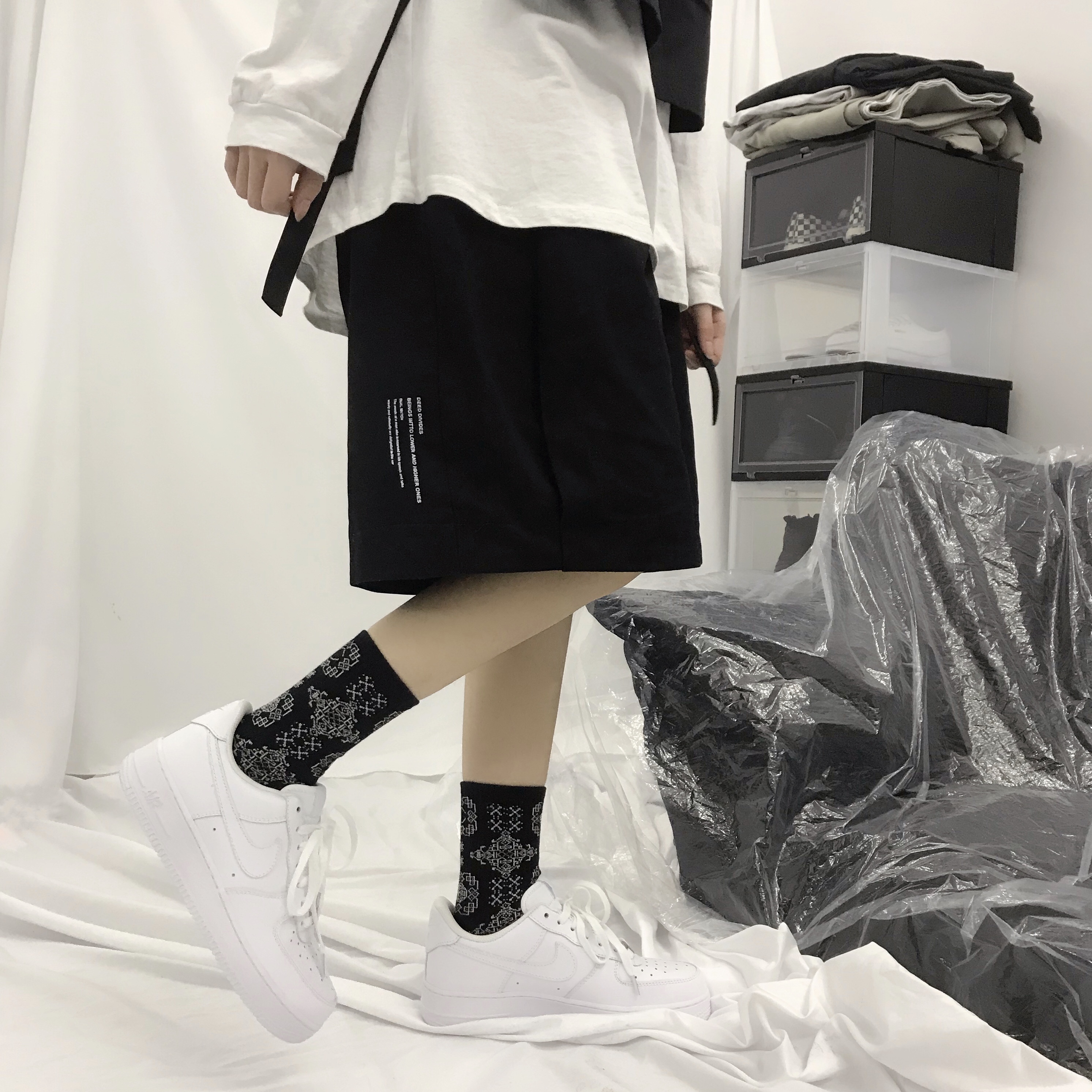AF1蓝丝绸白丝绸黑丝绸长袜棉AJ1陈冠希联名搭配潮袜子男女中筒袜