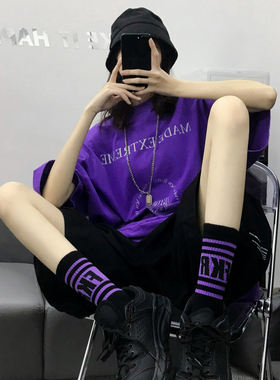 紫色条纹字母中筒袜韩版运动袜双杠街舞个性学院风男女情侣长袜棉