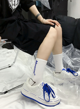 双针英文ADER ERROR袜子蓝色街头百搭女中筒潮长袜子ins女男士袜