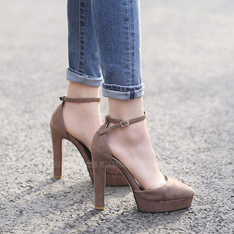 2026春秋新款尖头浅口一字扣前台工作鞋防水台粗跟高跟中空单鞋女