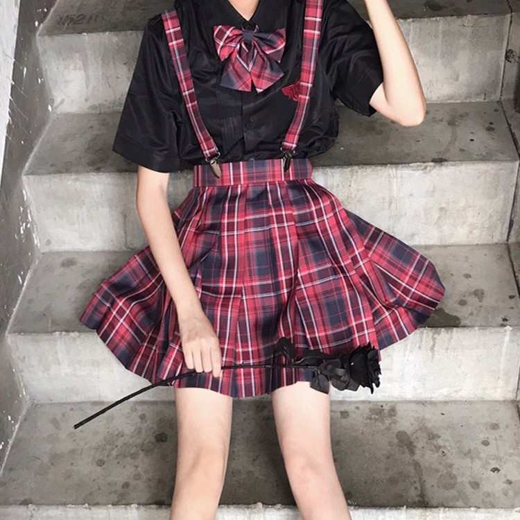 猫之物语jk原创红黑格百褶裙学院风少女甜酷制服裙子套装地狱失火