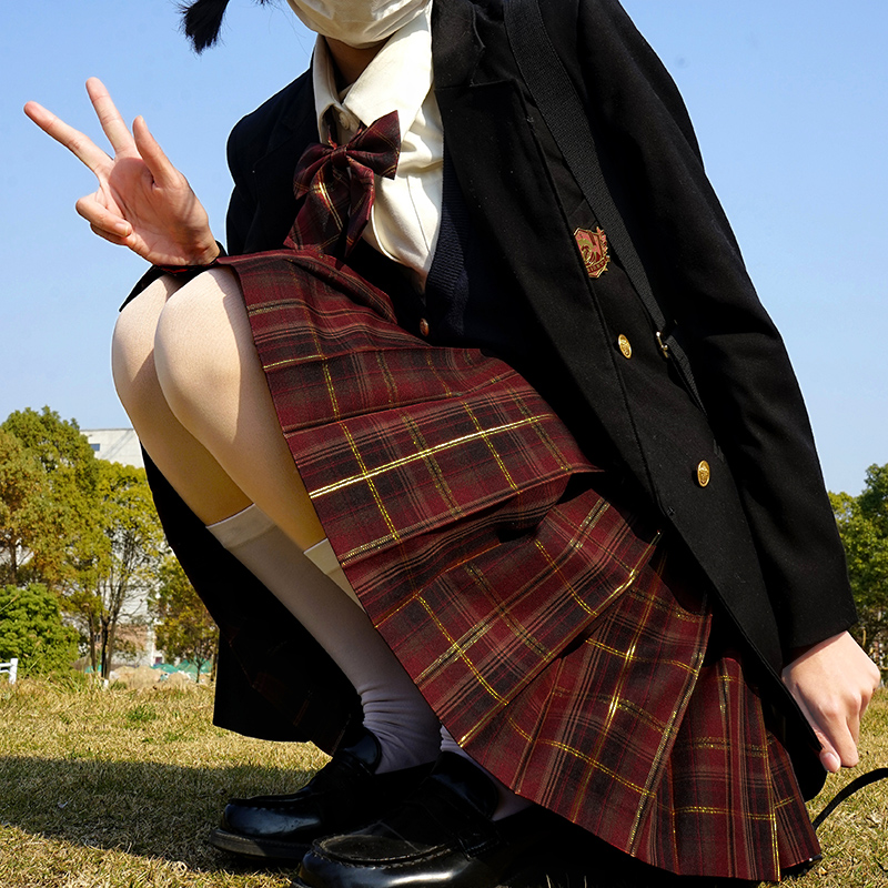 原创红格百褶短裙显瘦miu系半裙