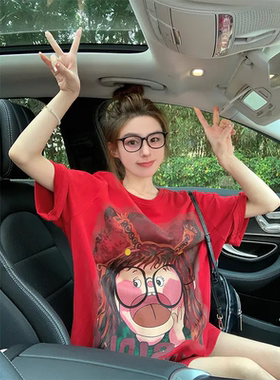 红色纯棉短袖t恤女士夏季情侣装欧货大版重磅印花设计感潮牌上衣