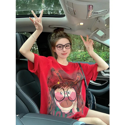 红色纯棉短袖t恤女士夏季情侣装欧货大版重磅印花设计感潮牌上衣
