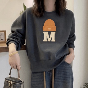 今年流行卫衣女早秋返校穿搭宽松休闲小个子圆领无帽印花打底上衣