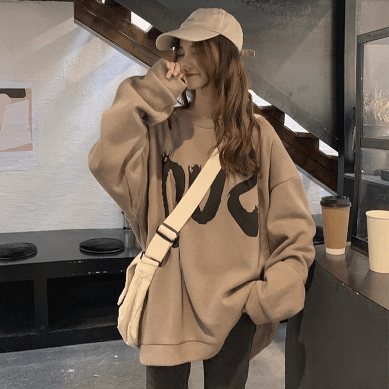 圆领薄款中长款卫衣女遮屁股春秋冬季2025新爆款宽松加绒潮牌外套