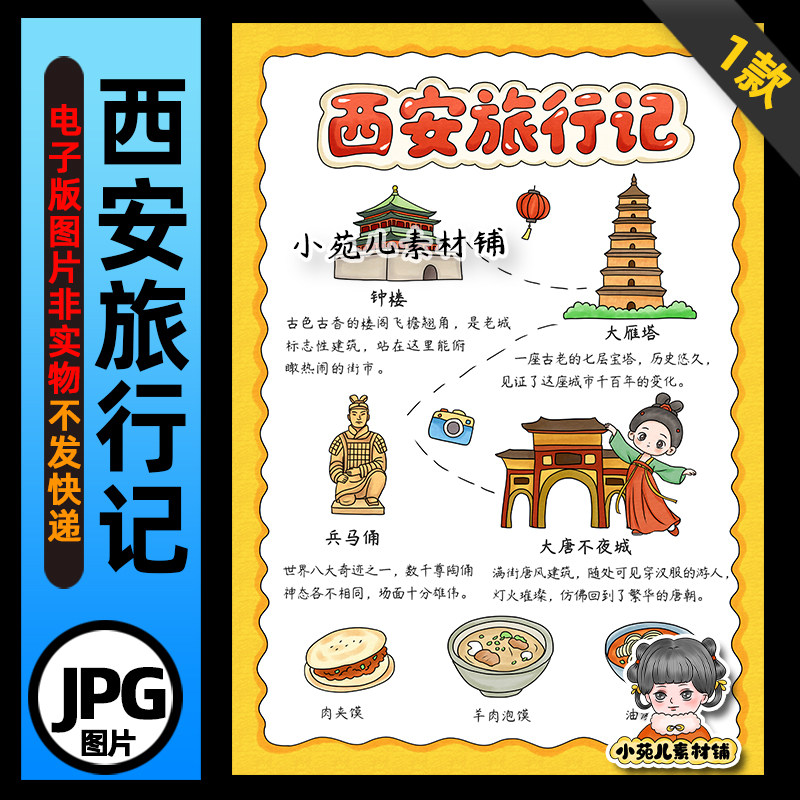 1423【电子版】西安旅行记手抄报线稿假期旅行路线图竖版