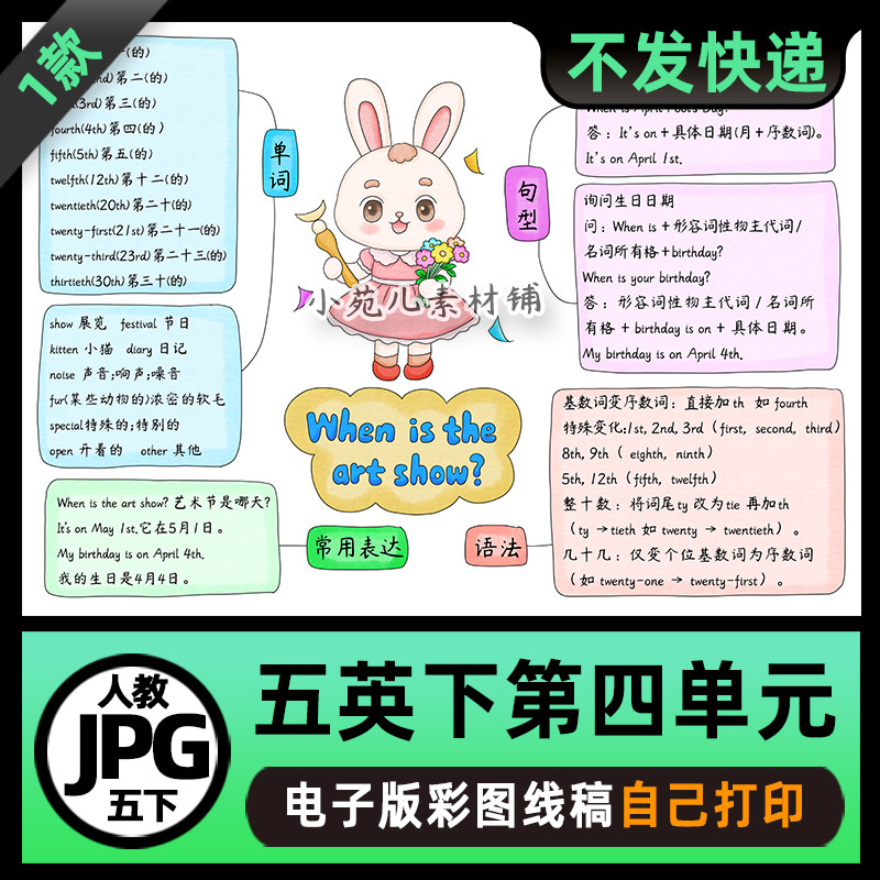 B931人教PEP五年级英语下册第四单元思维导图电子版线稿图版素材