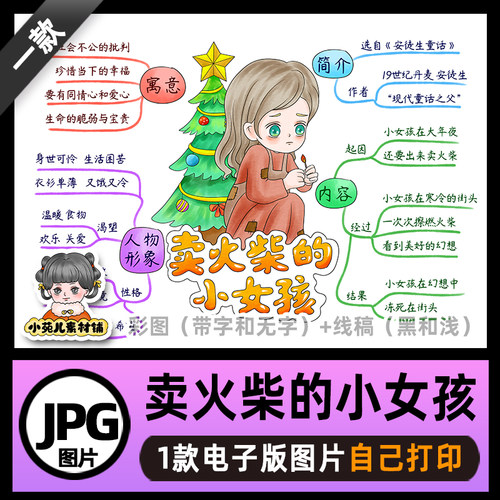 B732安徒生童话故事卖火柴的小女孩思维导图电子版线稿可打印
