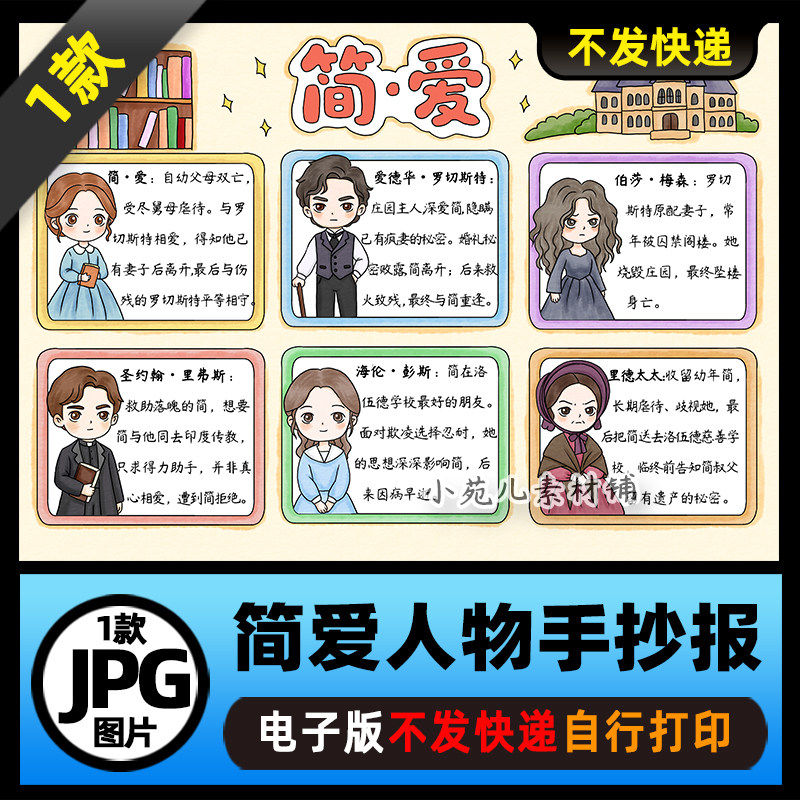 1428【电子版】简爱人物介绍人物卡手抄报线稿