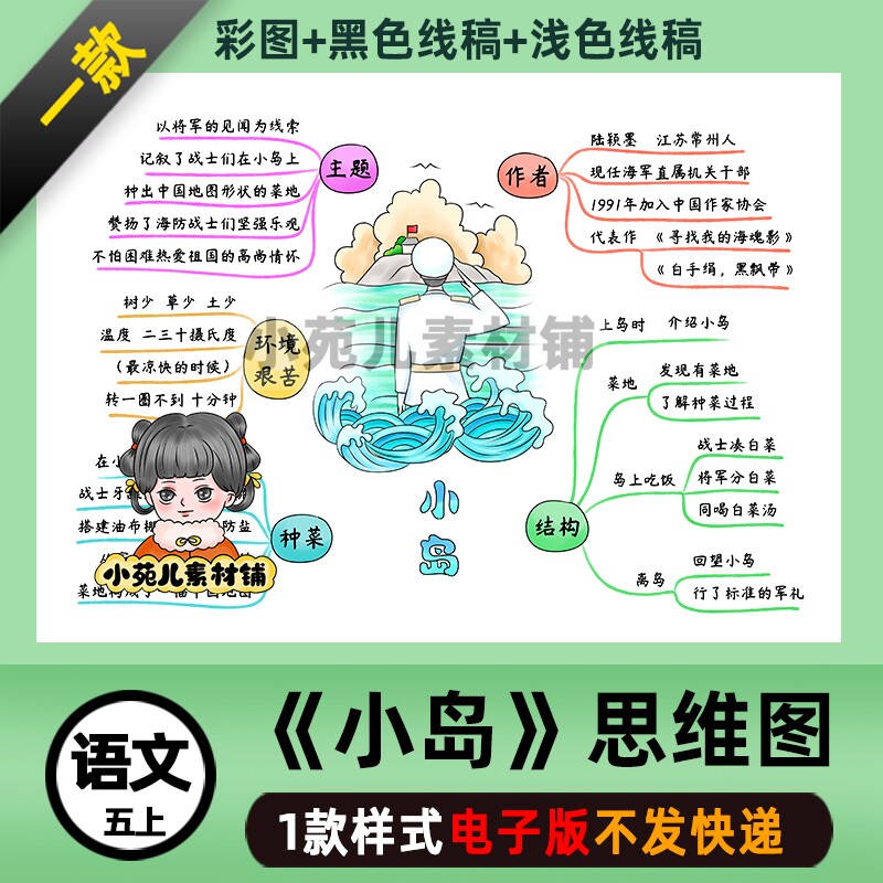 b439五语上《小岛》思维导图电子版彩图线稿自己打印