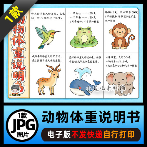 1351【电子版】三年级数学动物体重说明书手抄报线稿图片