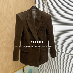 25秋新款杨树林复古巧克力色全棉灯芯绒双排扣阔肩直筒西装外套女