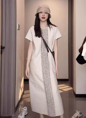 韩版慵懒风竖纹花边连衣裙女2026夏季新款大码胖MM简约宽松直筒裙