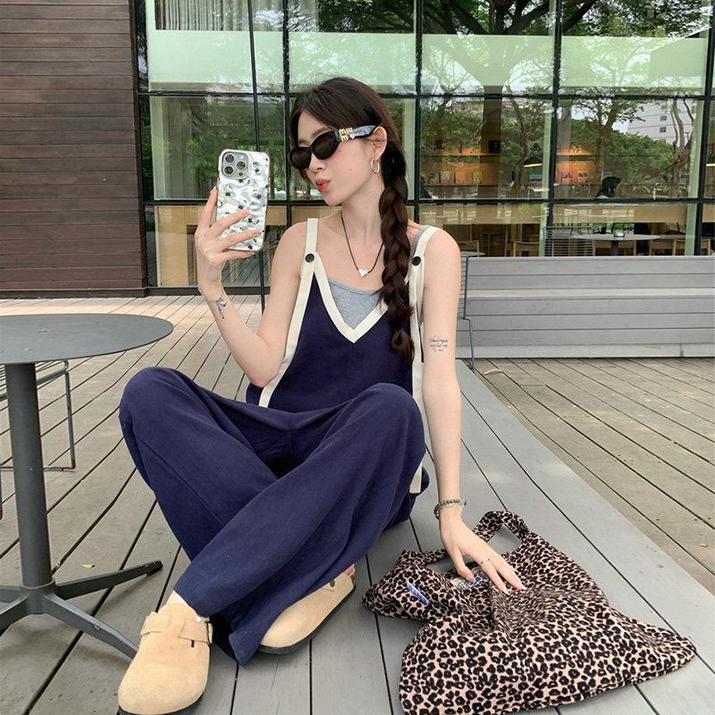 薄款休闲慵懒度假风撞色拼接背带裤女夏吊带连体裤直筒休长裤黑色