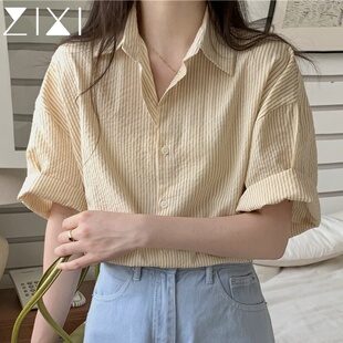 跨境棉麻短袖条纹衬衫女夏新款淡黄色竖条显瘦小个子衬衣正肩上衣