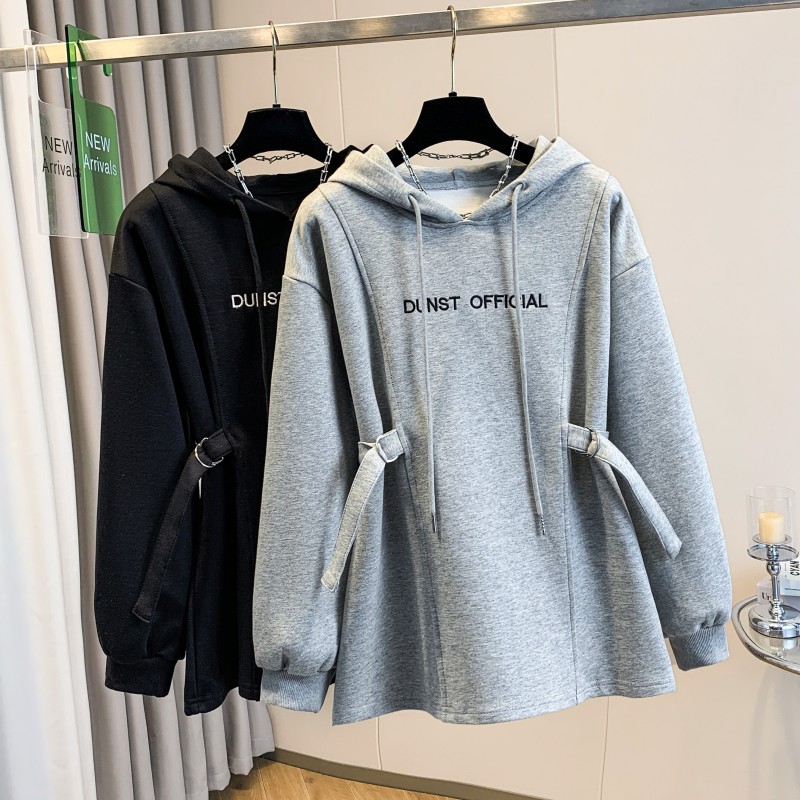 实拍大码2025秋冬新款胖mm加厚加绒收腰显瘦连帽遮肚中长款卫衣女