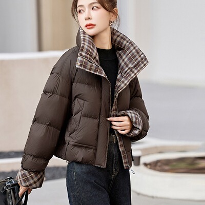 超好看羽绒棉服女短款2025冬装新款洋气减龄格子拼接加厚外套
