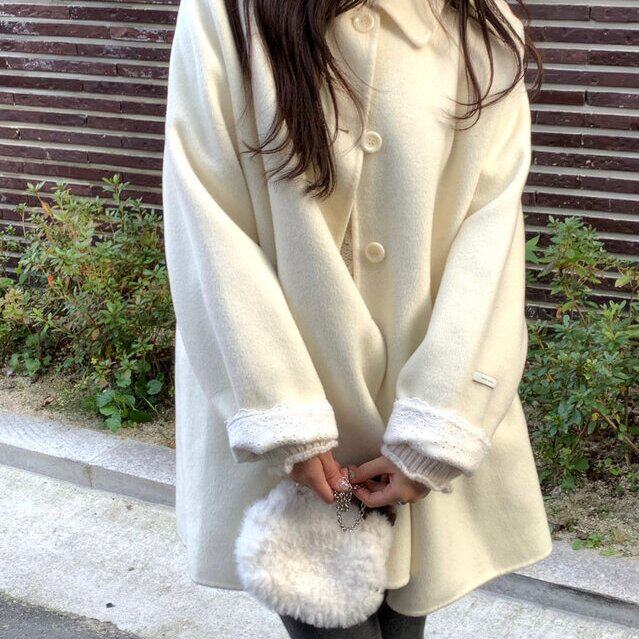 韩系冬季法式温柔甜美减龄气质花边设计感宽松百搭毛呢外套大衣