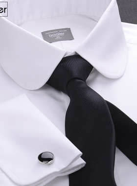 拜耳男神衬衫伊顿公学领圆角英伦复古衬衣法式袖扣白色拼色帅气