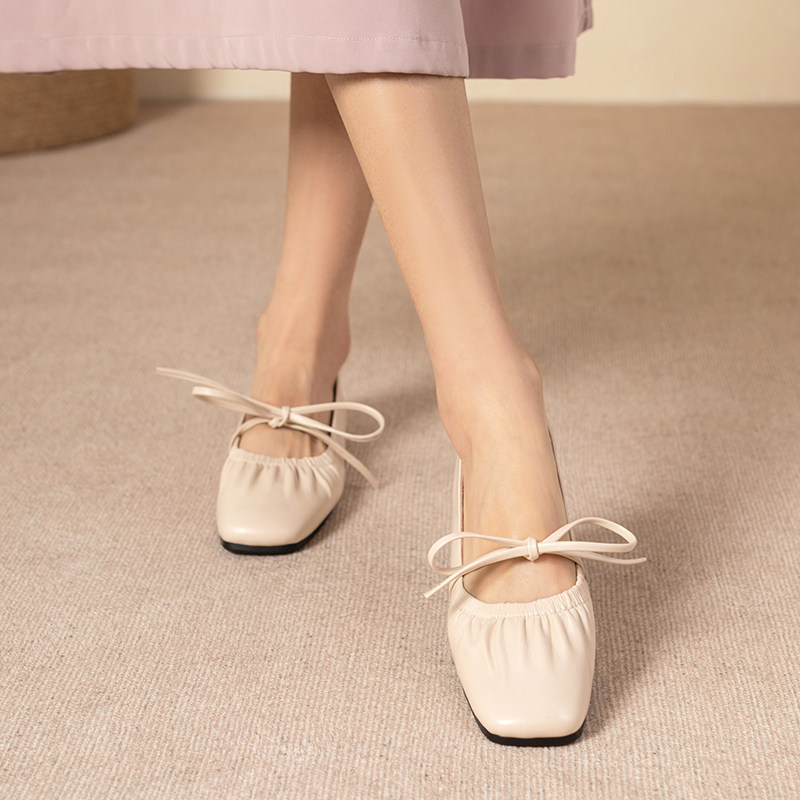 甜美真皮蝴蝶结浅口单鞋仙女风方头平底鞋平跟奶奶鞋子女玛丽珍鞋