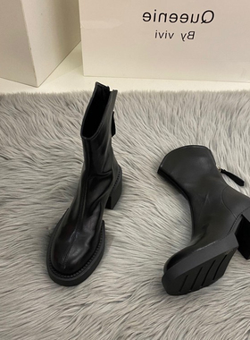 小个子BI备~靴子女马丁靴圆头厚底粗跟高跟后拉链黑色短靴