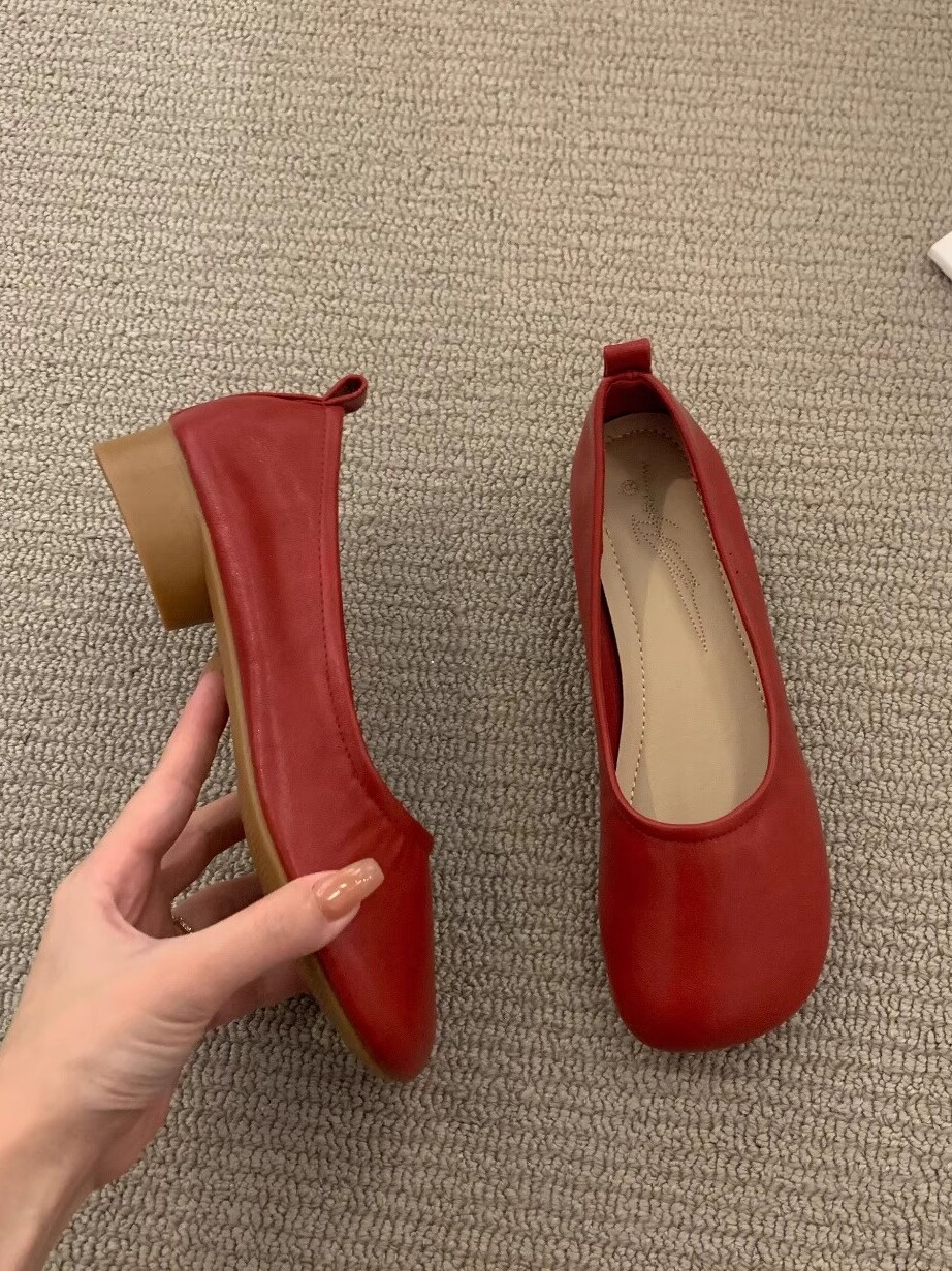 COMMUTING TIME SINGLE SHOES WOMENS FRENCH ROUND TOE SOFT LEATHER COMFORTABLE LOW HEEL EVENING BREEZE GENTLE WOMENS SHOES BEANIE SHOES