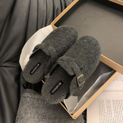 内增高4CM~灰色毛毛鞋女秋冬外穿新款厚底勃肯鞋加绒包头半拖棉鞋