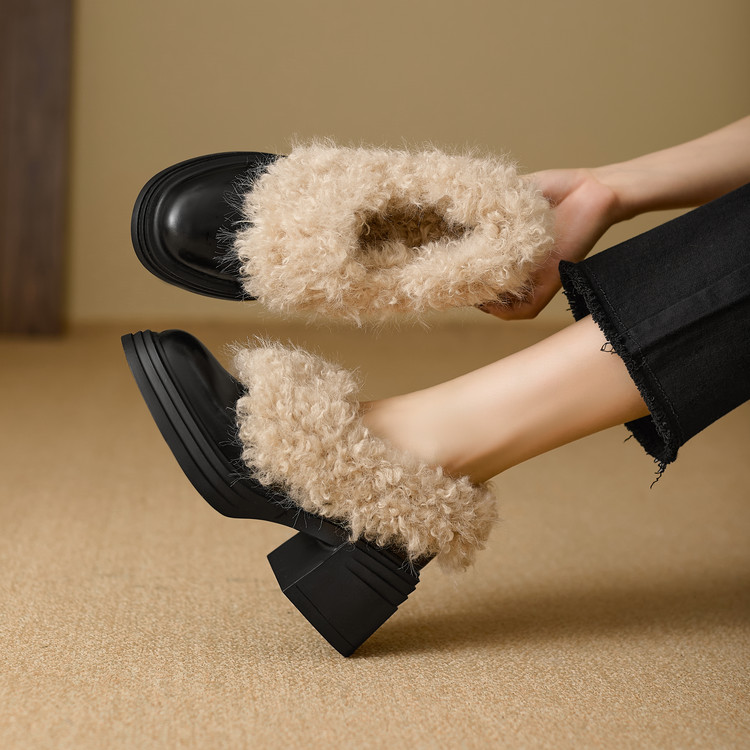 林三满~羊羔毛粗跟加绒单鞋深口高跟乐福鞋小皮鞋女