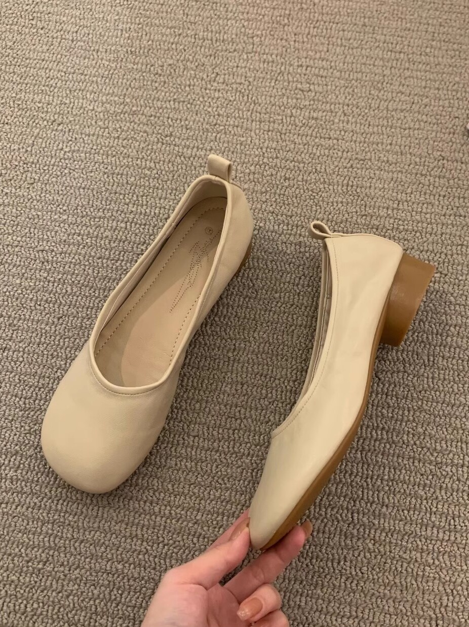 COMMUTING TIME SINGLE SHOES WOMENS FRENCH ROUND TOE SOFT LEATHER COMFORTABLE LOW HEEL EVENING BREEZE GENTLE WOMENS SHOES BEANIE SHOES