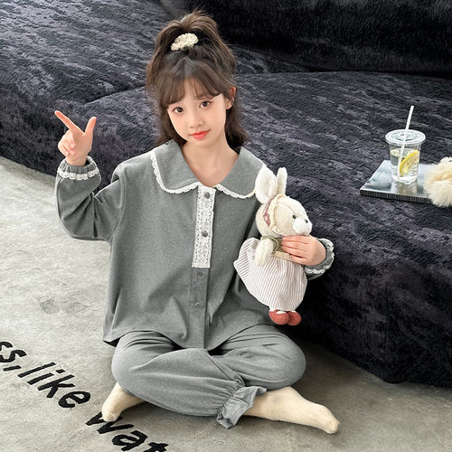 甜美公主风娃娃领荷叶边睡衣女秋冬长袖家居服套装可外穿中大儿童