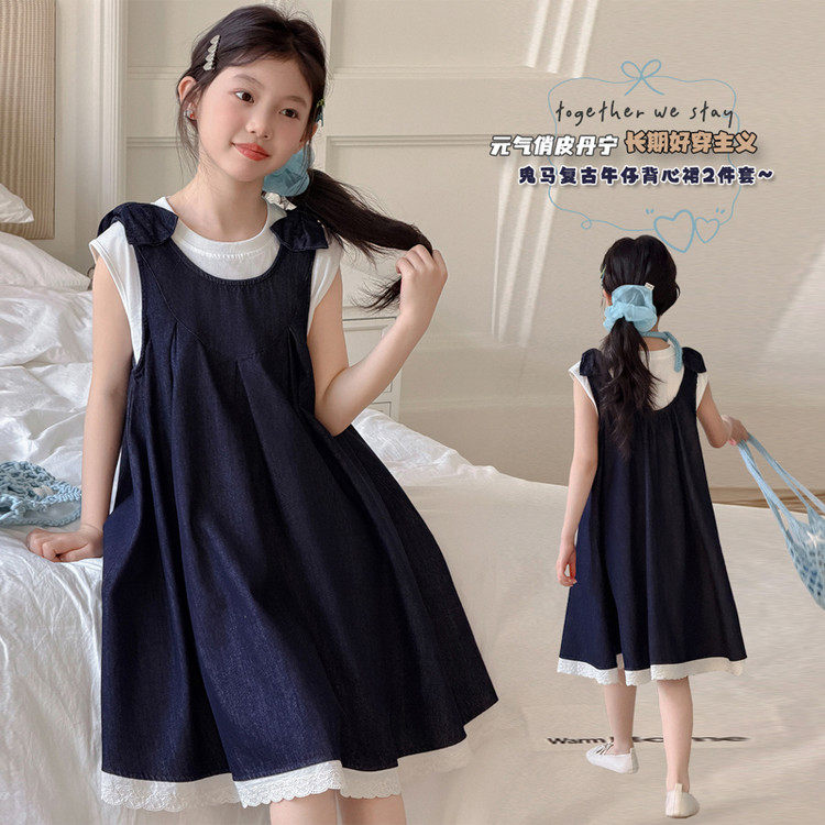 韩版牛仔连衣裙女童夏季无袖蕾丝拼接中长裙学院风减龄背心裙