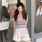 CROW 上衣 多巴胺无袖 CAIM 星星彩虹条纹流苏钩花马甲女时尚