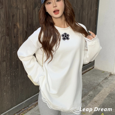 LEAPDREAM 钩花蕾丝拼接薄绒长袖女宽松简约百搭上衣