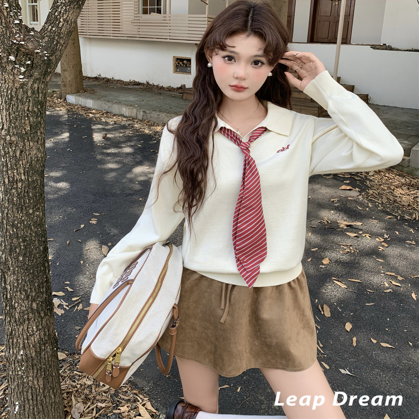 LEAPDREAM 领带翻领套头毛衣女简约百搭气质针织衫