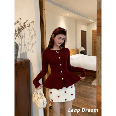 LEAPDREAM 爱心刺绣毛呢A字半裙甜美少女感短裙