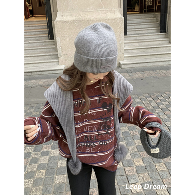 LEAPDREAM 毛球披肩条纹加厚针织衫宽松慵懒风上衣