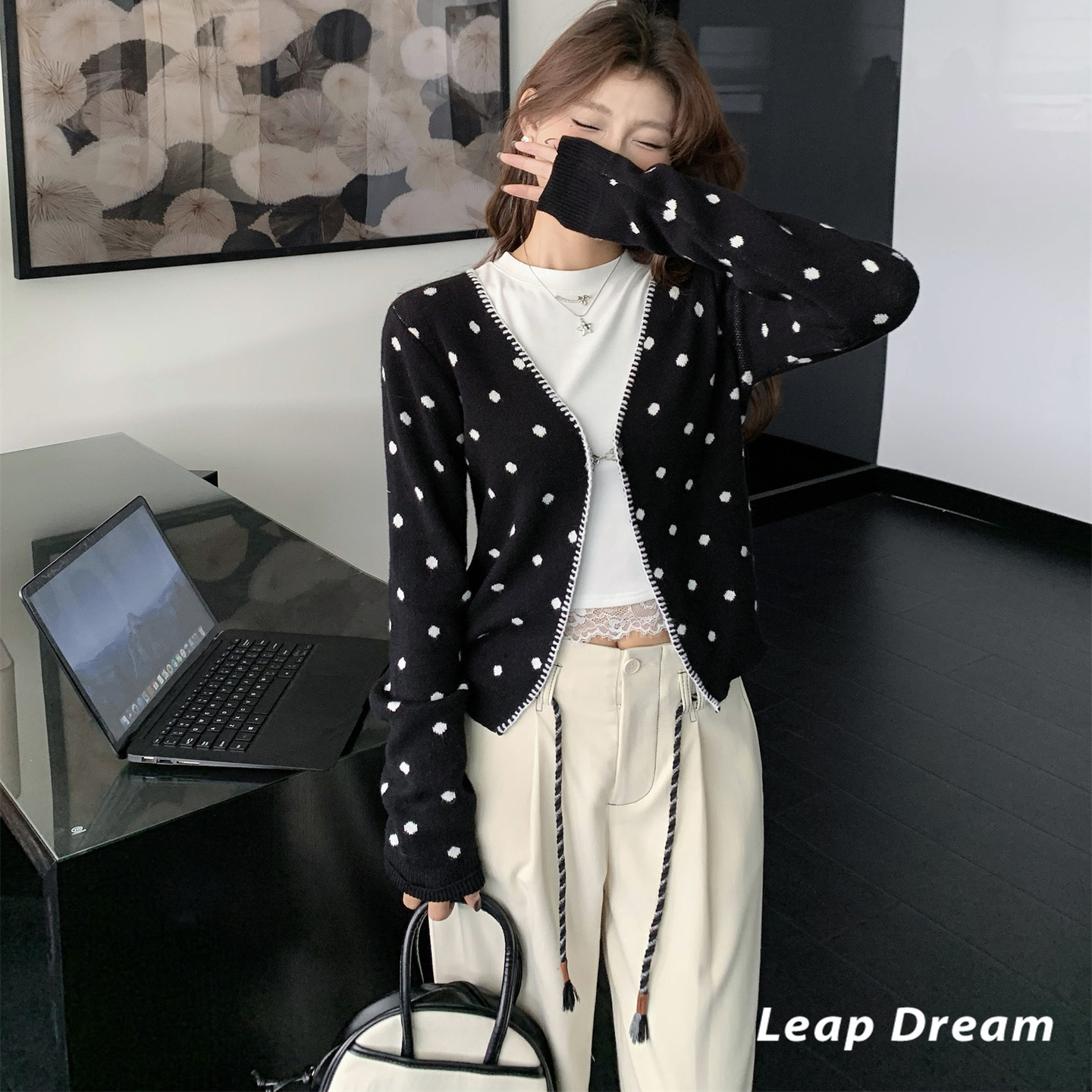LEAPDREAM 撞色压线波点针织开衫女简约气质外套