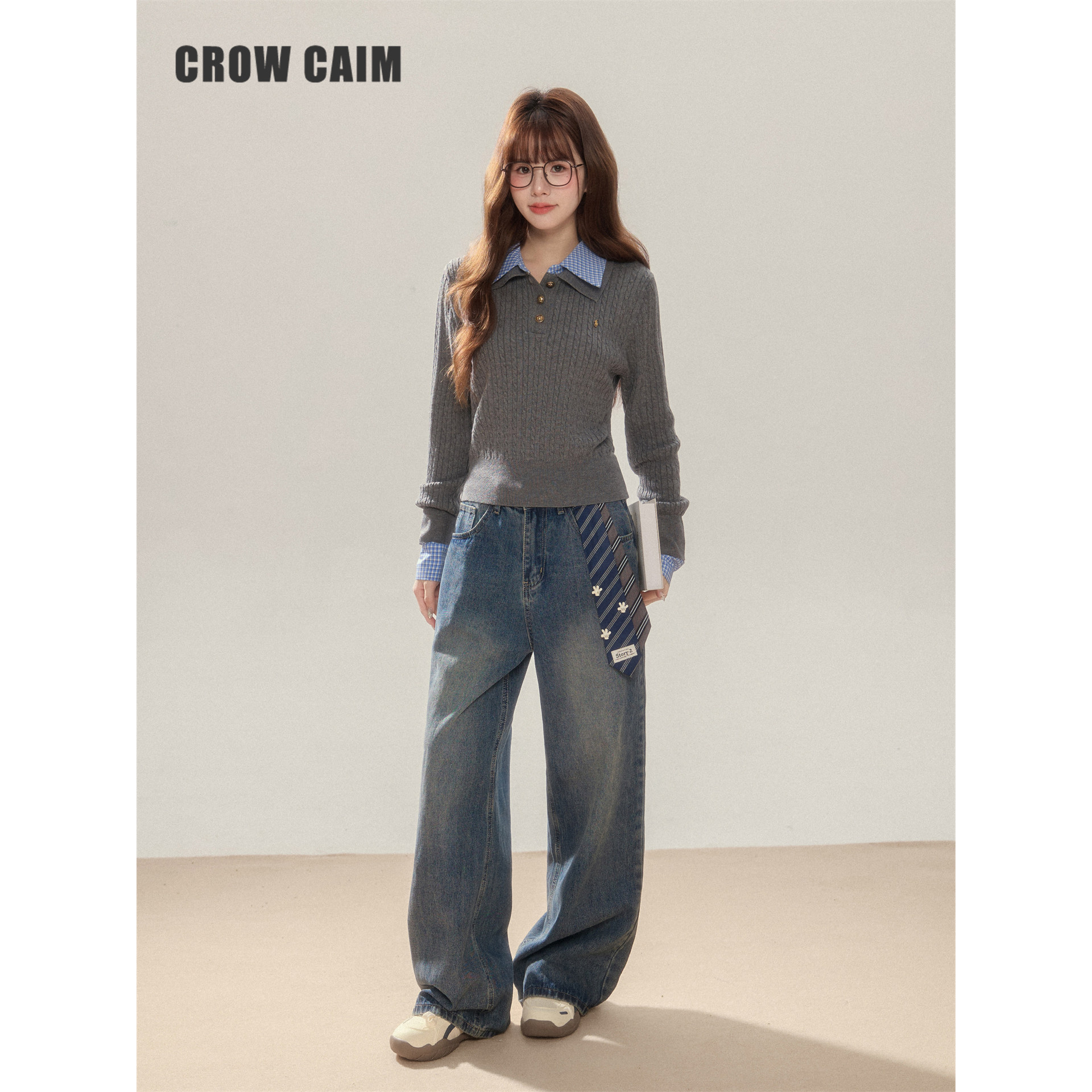 CROWCAIM 领带装饰水洗阔腿牛仔裤女设计感宽松直筒长裤