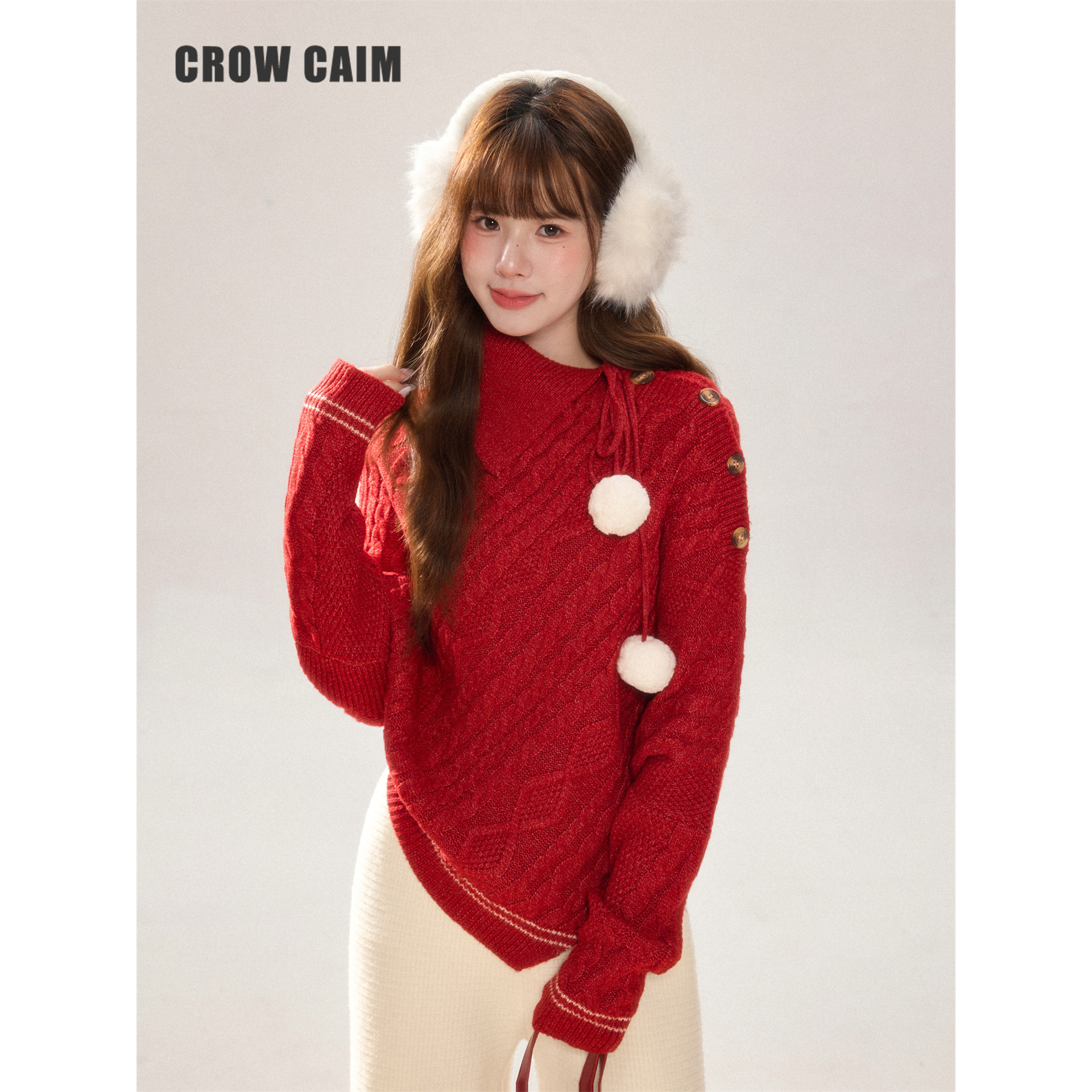 CROWCAIM 高领不规则系带绞花罩衫女小众显白设计感上衣