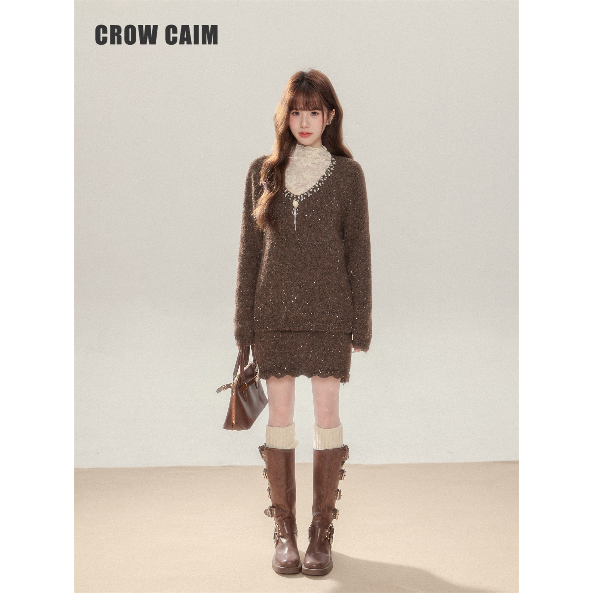 CROWCAIM 亮片镶钻V领毛衣半裙套装高级感时尚两件套