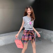 CAIM 美式 格纹假两件裙裤 CROW 女高腰设计感休闲短裤