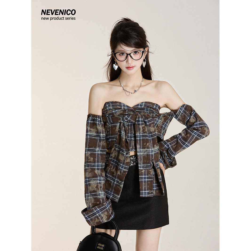 NEVENICO 多穿蜡染格子抹胸衬衫女百搭时尚两件套