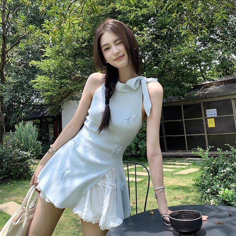 NEVENICO立体蝴蝶结开衩针织衫挂脖系带设计感时尚显瘦甜美风上衣