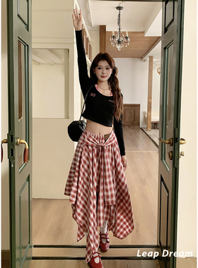 LD251308 绑带不规则格纹半身裙女时尚设计感中长款裙子