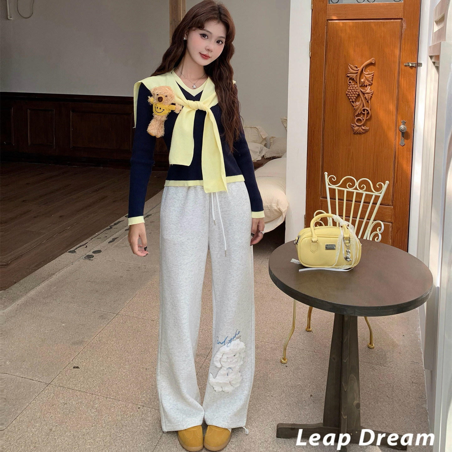 LEAPDREAM 毛绒小狗贴布休闲卫裤女新款百搭长裤