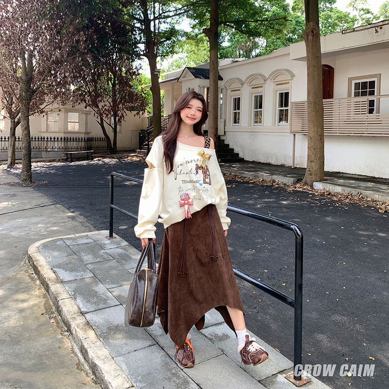 CROWCAIM 不规则糜皮绒半身裙女配腰绳新款百搭中长款裙子