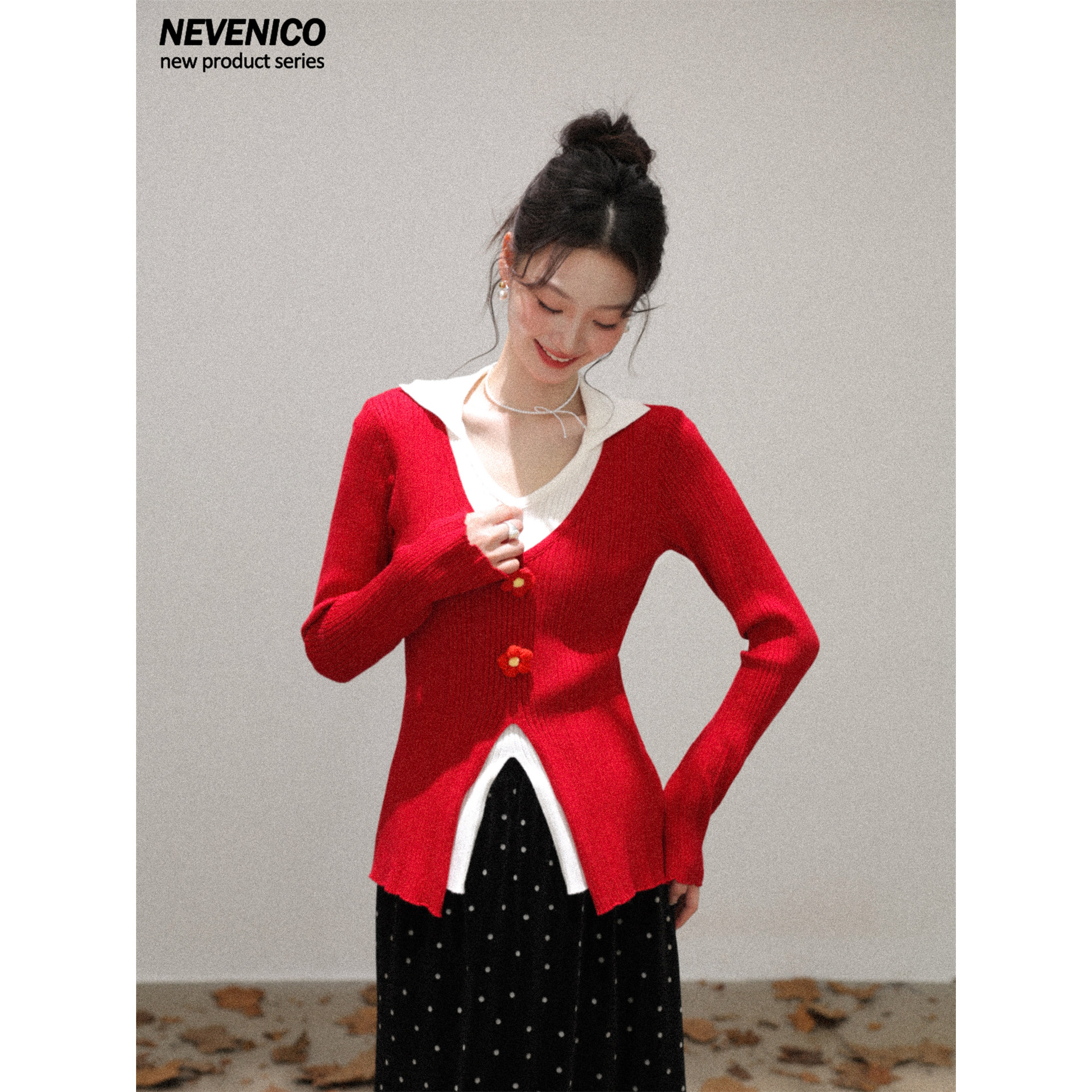 NEVENICO 翻领撞色假两件针织衫女立体花朵修身设计感上衣